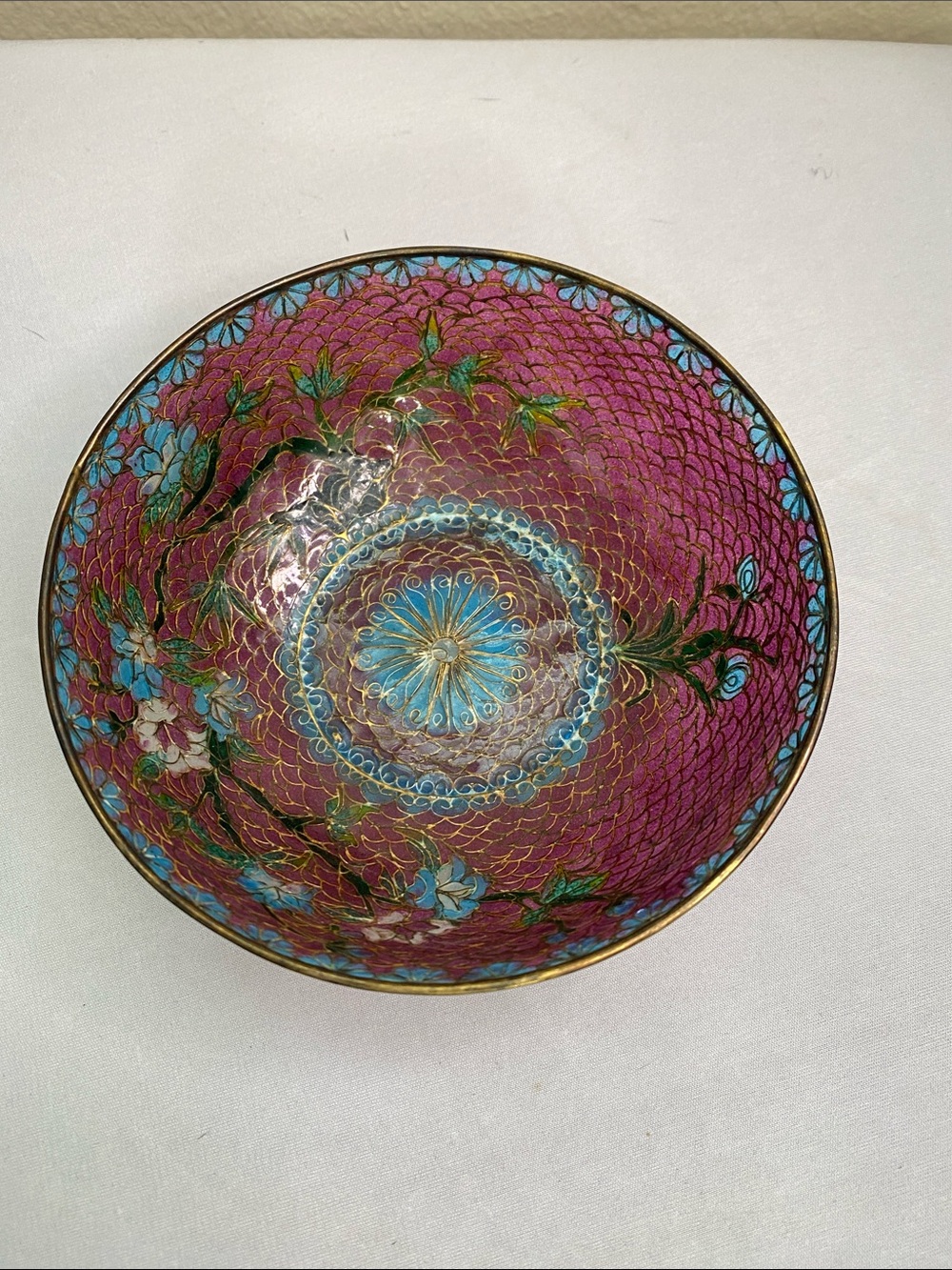 Decorative Cloisonné Floral Bowl in Magenta and Turquoise